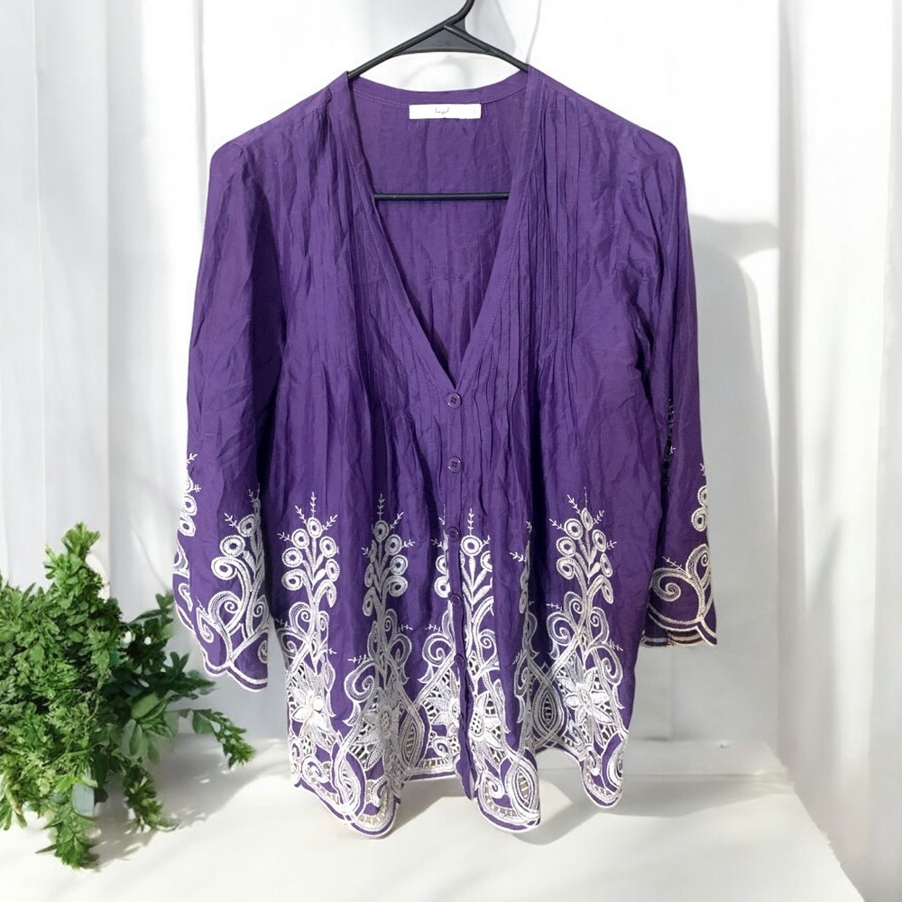 Hazel Deep Purple V Neck Button Down Top Shirt Blouse with White Embroidery